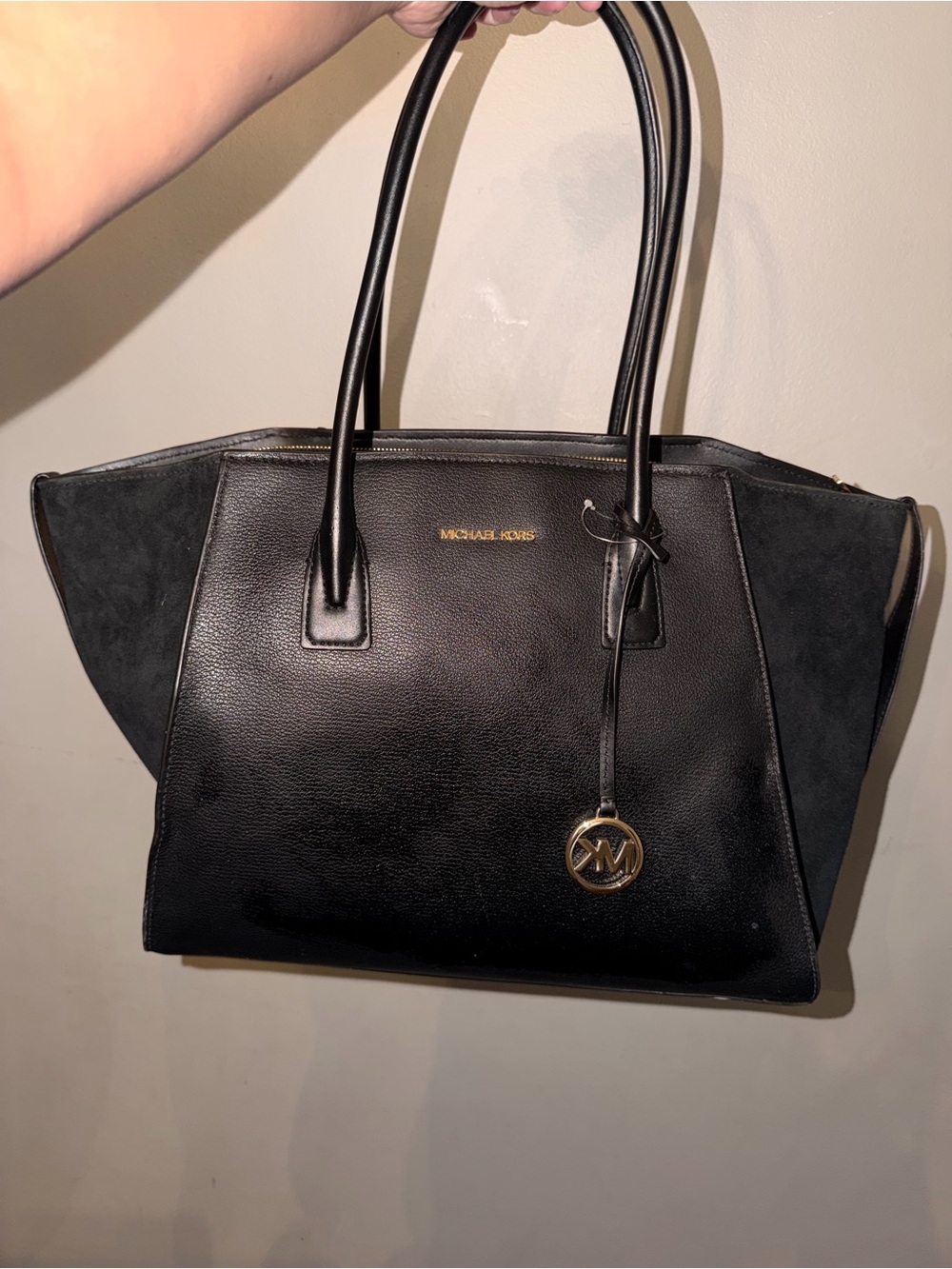 Michael Kors Black Leather and Suede Tote with Gold MK Charm